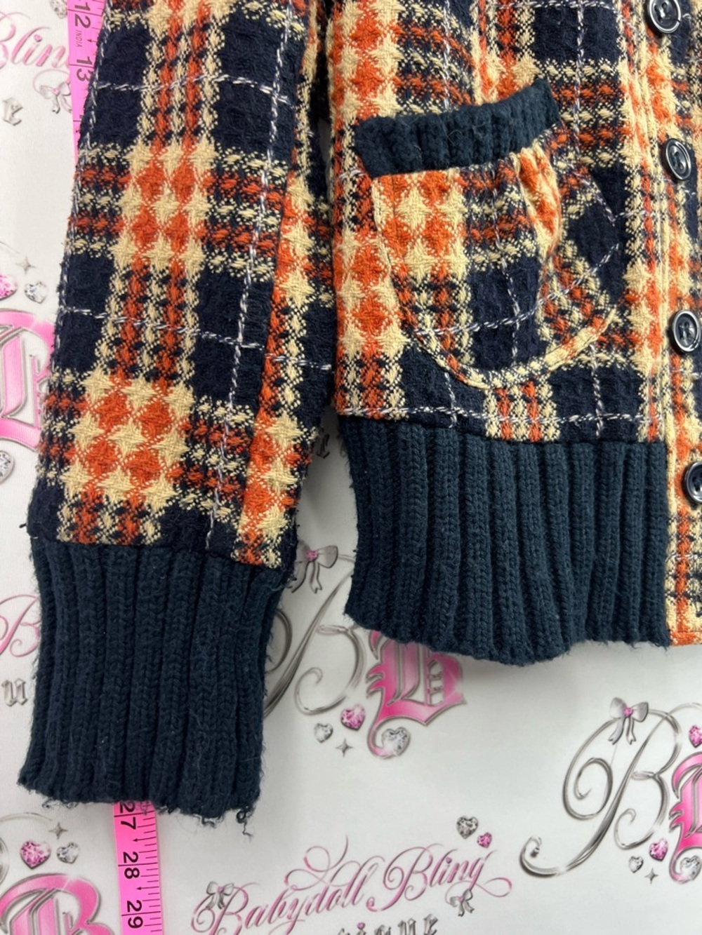 BB Dakota jacket coat y2k Navy, Orange & Cream Plaid Coat with Rib-Knit Collar - Picture 5 of 9